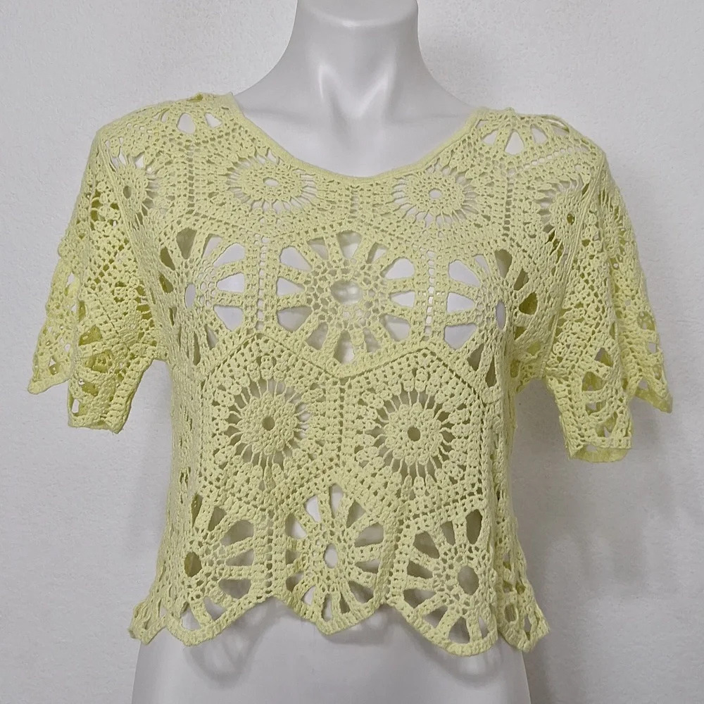 Rebellion "NEW" Coastal Cowgirl Green Bohemian 70's Crochet Hippie Crop Top Sz.S